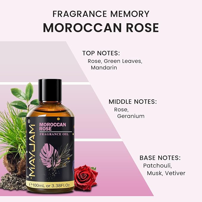 Moroccan Rose Fragrance Oil Essential Oil, MAYJAM 3.38FL.OZ Moroccan Rose Oil for Diffusers for Home, Long Lasting Scented Oils for Soap Candle Making - 100ML