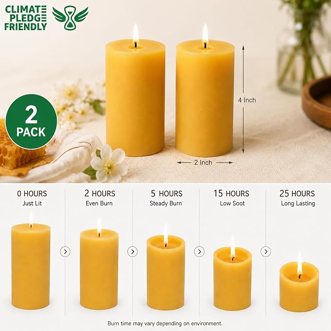 Beeswax Candles Pillar 2x4 Inch, 2 Packs, Non Toxic Bees Wax Candle for Home Decor, Natural Pure Pillar for Relax, Prayer, Air Purification, Emergency