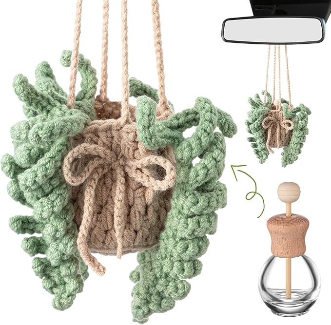 DaisyInner Cute Crochet Plant Car Freshener 12ml Empty Refillable Diffuser Bottle with Plants Hanging Accessories for Ornaments Charms Rearview Mirror Home Office Decor Women Gifts(Fern)