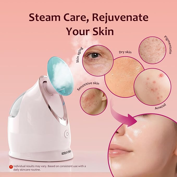 EZBASICS Facial Steamer - Professional Nano Ionic Face Steamer for Facial Deep Cleaning, Warm Mist Humidifier for Home Spa, Unclogs Pores Sinus, Bonus 5 Piece Stainless Steel Skin Kit (Blue)