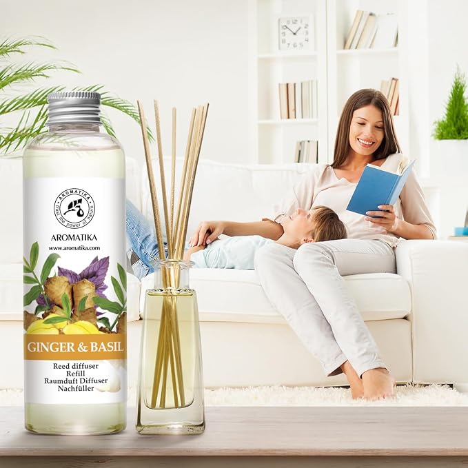 Reed Diffuser Refill Ginger & Basil 6.8 Fl Oz - Aroma Diffuser with Essential Ginger Oil - Fragrance Diffuser - Spicy and Fresh Fragrance - Natural Fragrance - Aromatherapy - Air Freshener