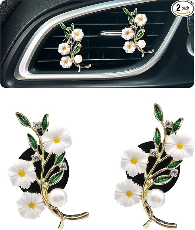 ORIESSE Flowers Car Accessories,2pcs White Daisy Green Leaves Air Vent Clips Car Air Freshener,Flower Car Decor for Women,Girly Refillable Diffuser