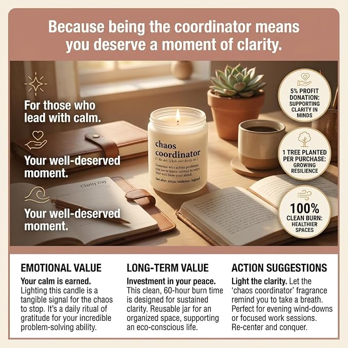 Chaos Coordinator Gifts for Women, Boss, Coworker - Funny Scented Candle Gift - Sage & Sea Salt Soy Wax Candle in Frosted Jar (8 oz) - Office Desk Decor & Appreciation Gift