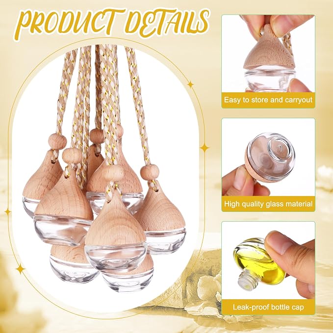 60 Pcs Hanging Car Air Freshener Car Diffuser Bottle Empty Glass Perfume Bottles Air Freshener Diffuser Bottle Pendant for Essential Oils Fragrance Aromatherapy Ornament Decor (Water Drop)
