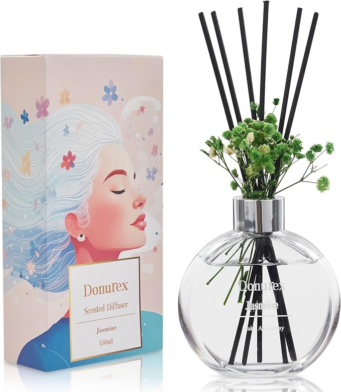 Flower Reed Diffuser Set 5.07oz Jasmine Scent Diffuser with Sticks Home Fragrance Reed Diffuser for Bathroom Shelf Decor