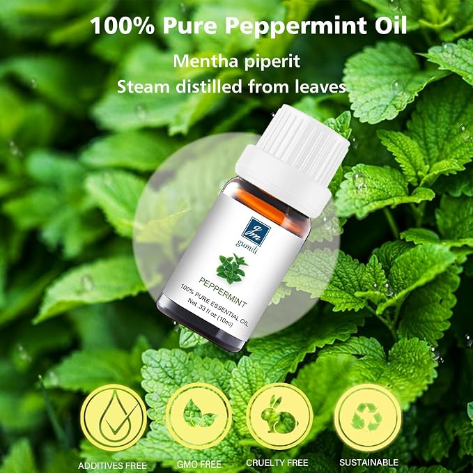 GM Gumili Peppermint Essential Oil - 100% Pure Natural Oil for Aromatherapy Diffuser, Room Spray, Skin Care, Hair Growth & Cooling Relief - 10mL Glass Bottle