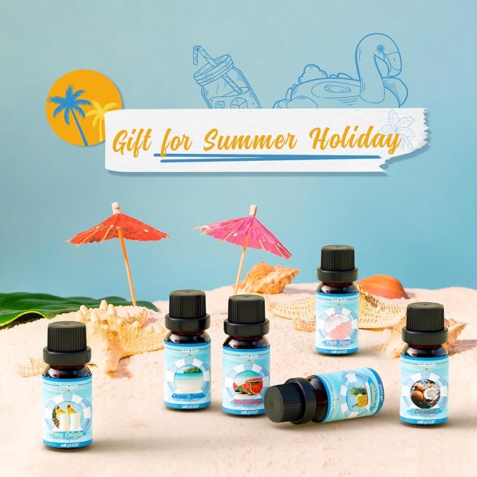 Soulorigin Summer Essential Oils Set, Fragrance Oil Gift Set for Oil Diffusers, Scented Oils for Soap Candle Making 6x10ml - Sea Breeze, Pineapple, Watermelon, Coconut, Pink Beach, and Pina Colada