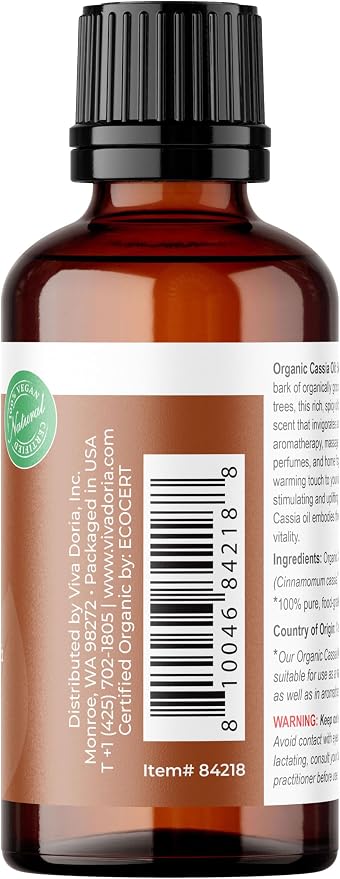 Viva Doria Cassia Essential Oil, USDA Certified Organic Cassia Oil, 100% Pure, Natural Essential Oil, Undiluted, for Aromatherapy | Food Grade, 30 mL (1 Fluid Ounce)