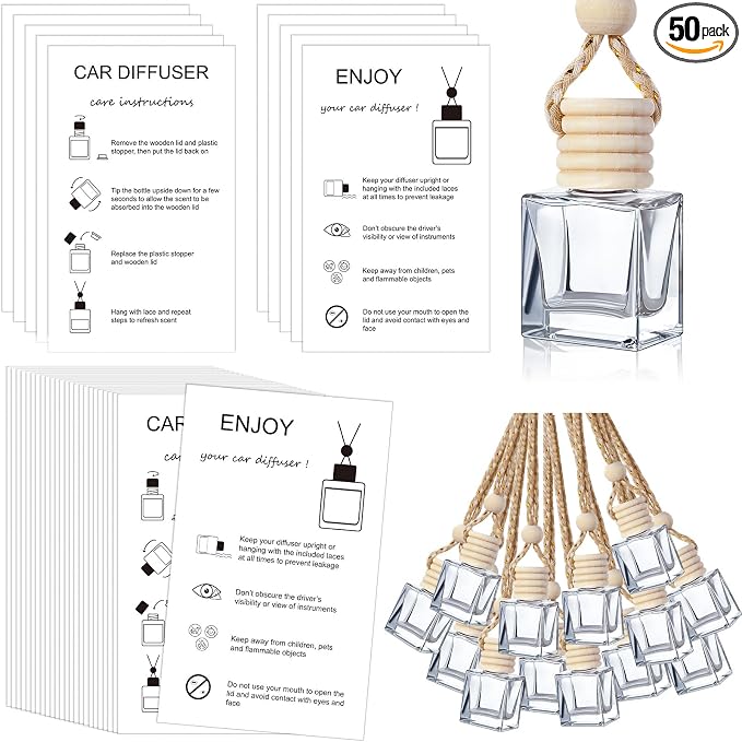 Boao 50 Sets Hanging Car Air Freshener Diffuser Bottles with 2 x 3.54 Inch Car Diffuser Instructions Cards for Empty Essential Oil Bottles(White Card,Flat Square)