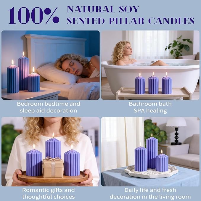 Ribbed Pillar Candles Set of 3, Width 3" High 4" 6" 8" Large Soy Wax Lavender Scented Modern Candles for Home Decor, Dinner Table, Living Room, Housewarming Gift