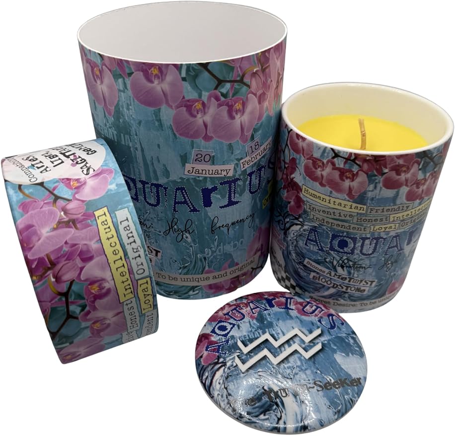 Aquarius Zodiac Candle – Jasmine Scented Soy Candle for Self Care & Relaxation – Zodiac Birthday Gift – 80 Hour Burn – Reusable Ceramic Jar
