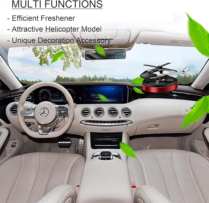 Helicopter Solar Rotating Air Freshener, Al Alloy Car & Home Décor|Red | Helicopter Spins in Sunlight. No Battery or Cable Needed. Freshens Car & Home Naturally. 5ml Essential Oil Included