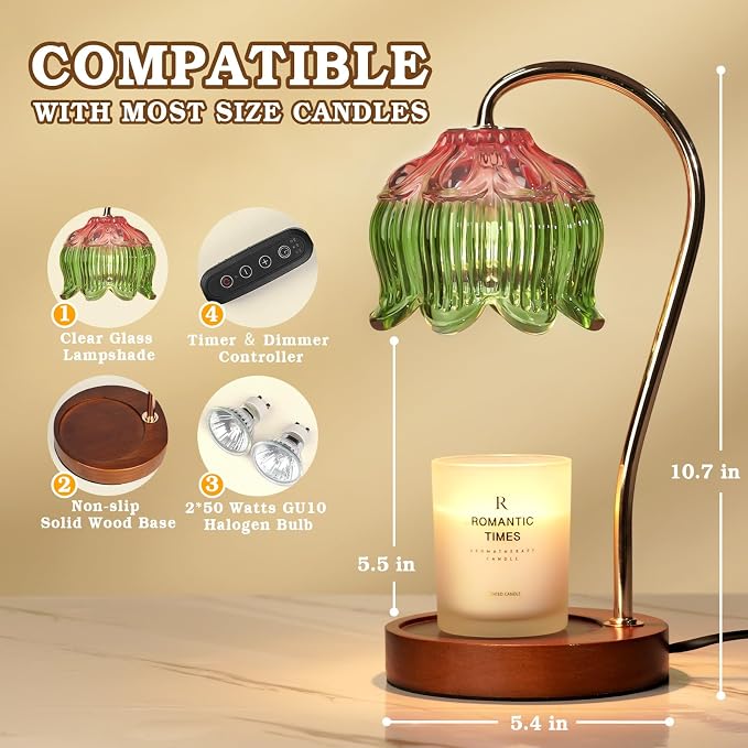 Funistree Glass Candle Warmer Lamp with Timer, Electric Candle Warmer Lamp, Graduation Birthday Gifts for Women Girls, Flower Candle Light Warmer Gifts, Aromatic Candle Warmer for Vintage Home Decor