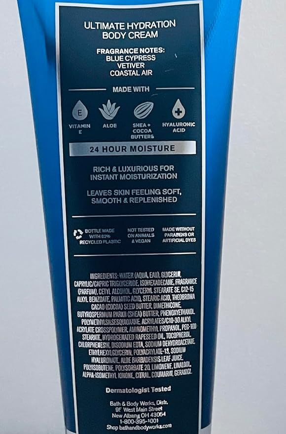 Bath & Body Works Men’s Body Cream, Ocean Scent, Ultimate Hydration Moisturizer with Shea Butter & Hyaluronic Acid for Dry Skin, Coastal Air & Cypress Scent, 8 oz - 2 Pack