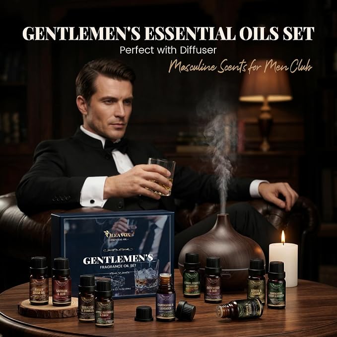 Men Essential Oils Set, Gift for Father, Masculine Fragrance Oils Blends for Diffuser, Candle & Soap Making, Car Diffuser Scents, Sandalwood Cedar&Leather, Tobacco&Vanilla More 10x5ml