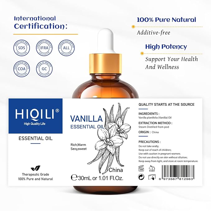 HIQILI Vanilla Essential Oil - 1 Fl Oz / 30ML | Beginner-Friendly for Making Perfume Candle Soap, Diffuser, Body, Skin, Lotion