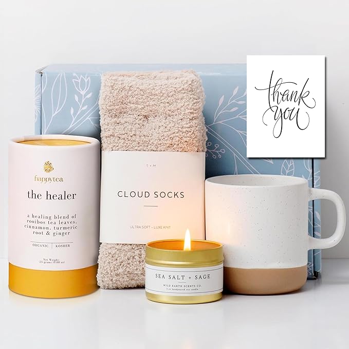 Unboxme Thank You Gift Box for Women - Cozy Appreciation Set with Socks, Mug, Organic Lemon Ginger Tea, Candle & Card, Thank You Gift Baskets For Women
