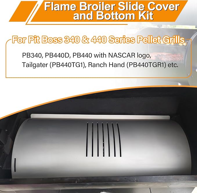Flame Broiler Kit for Pit Boss 340 440 Series Pellet Grills with Slide Cover and Bottom, Grill Replacement Parts for Pit Boss PB340, PB340TGW1, PB440, PB440D, Tailgater PB440TG1, Ranch Hand PB440TGR1