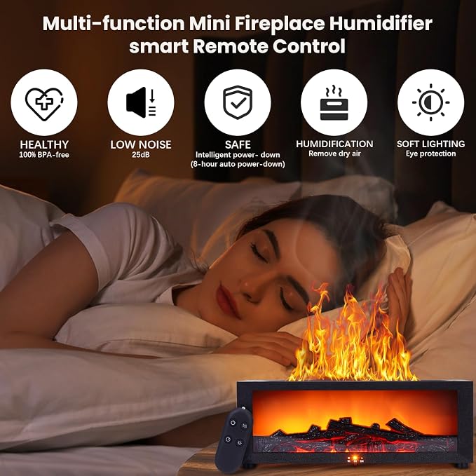 Fireplace Humidifier Diffuser, 7 Colors Flame Diffuser for Essential Oils, Fire Aroma Diffuser with Remote, Ultrasonic Air Humidifiers Aromatherapy Diffuser with Timer for Home, Bedroom, Office, Yoga