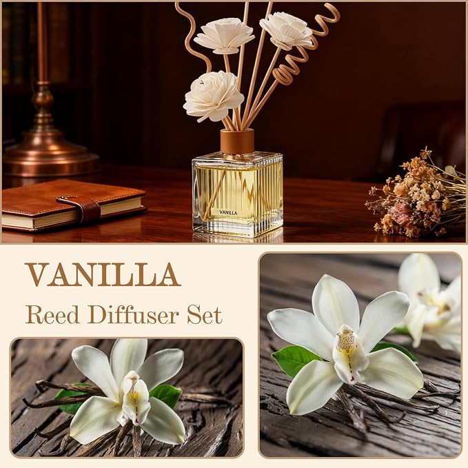 Vanilla Reed Diffuser - 6.7 oz Glass Bottle with 4 Rattan Sticks, 3 Dried Flowers | Adjustable, Long-Lasting Scent for Home, Bedroom, Living Room, Office, Bathroom | Aromatherapy Gift