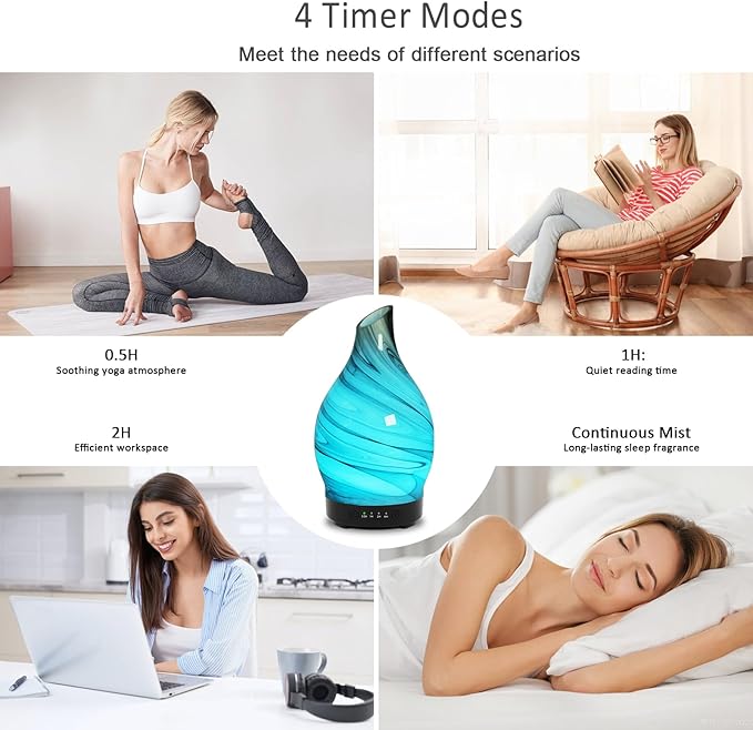 Essential Oil Diffuser 150ML, Glass Aromatherapy Diffuser with 4 Timer Settings & 7 Color Changing, Waterless Auto Shut-Off, Ultra Quiet Oil Diffuser, Mothers Day for Home, Office, Yoga, Spa