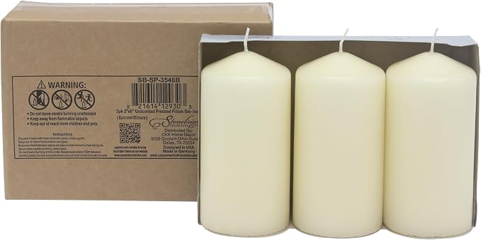 Stonebriar Unscented Pillar Candles – 65 Hour Burn Time, Long-Lasting Wax Candles for Weddings, Holidays, Home Décor & Special Events, Pack of 3, Ivory, 3" x 6"