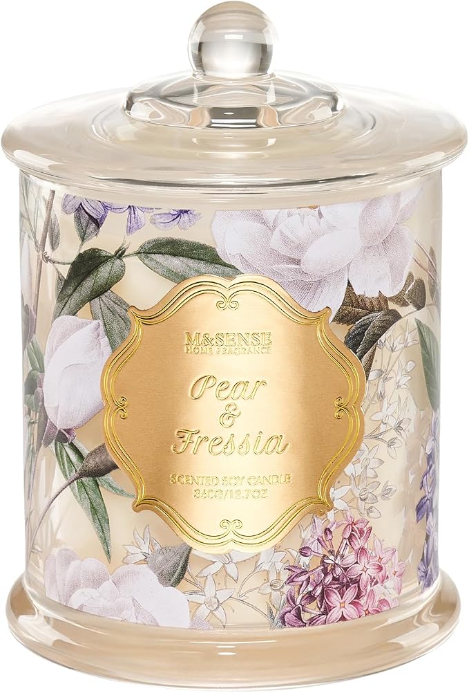 M&SENSE Pear Fressia Scented Candle 12.7oz Stress Relief 2 Wick | Natural Soy Wax, Non-Toxic, Stress Relieving Aromatherapy, Romantic Summer Gifts for Women, 75 Hours