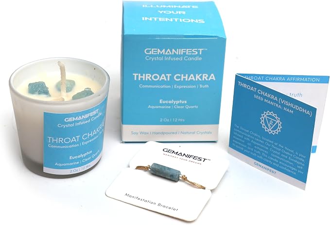 Throat Chakra Candle with Healing Crystals and Aquamarine Bracelet Eucalyptus Candle Spiritual Candles for Positive Energy Meditation Communication Clarity