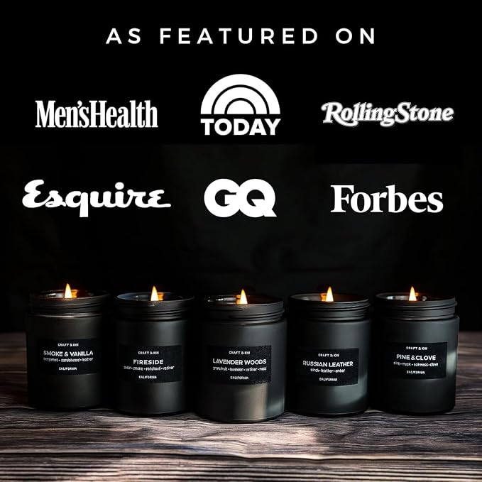 Craft & Kin Premium Smoke & Vanilla Scented Candle – Long Lasting, 45 Hour Burn Time – Luxury Black Natural Soy Scented Candle for Men with Wood Wick – Room Decor and Aromatherapy – 7.6 oz