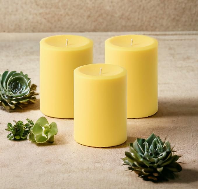 Mister Candle Dripless Unscented Yellow Pillar Candles, Set of 3 Hand Poured Solid Color Non-Scented Candles for Home Decor, Premium Wax, 60 Hr Burn Time - 3x4 Inch, Yellow