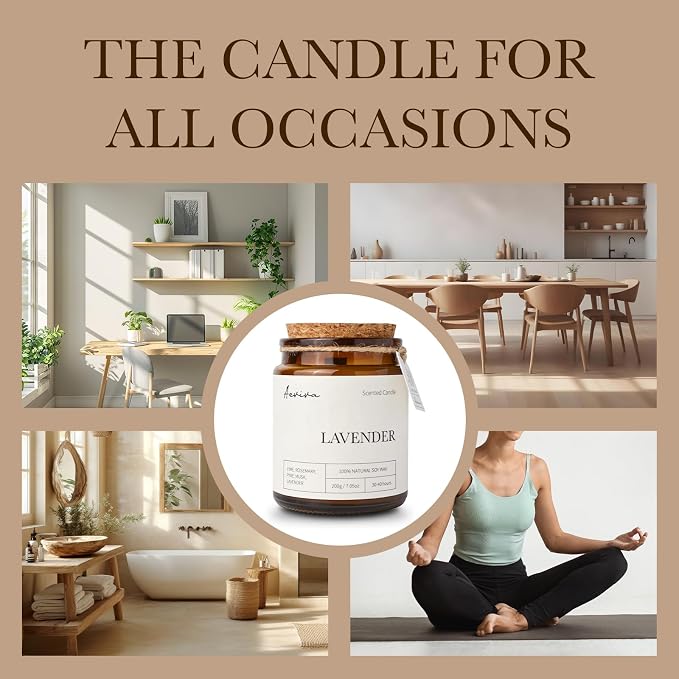 Scented Candle, 7.05 oz Lavender Aromatherapy Candle, Natural Soy Wax with Wooden Wick, Candles for Home Scented, Stress Relief Amber Jar Candle Gifts