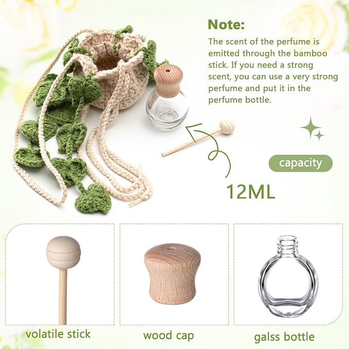 DaisyInner Cute Crochet Plant Car Freshener 12ml Empty Refillable Diffuser Bottle with Plants Hanging Accessories for Ornaments Charms Rearview Mirror Home Office Decor Women Gifts(Leave)