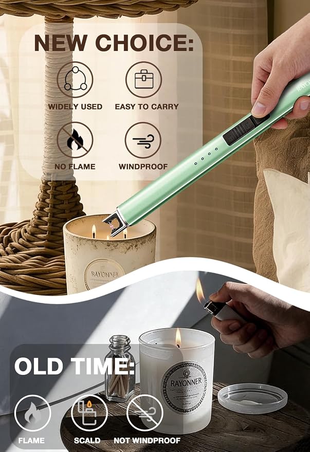 Electric Candle Lighter USB Rechargeable Plasma Arc Windproof Flameless with Safety Lock Ideal for Candle BBQ Camping Birthday Housewarming Gifts for Women & Men (Green, 1 Count)