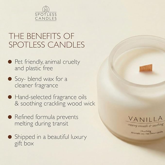 Vanilla Volcano Candle 19oz: 80-Hour Burn, Creamy Smooth Vanilla Scent, Hybrid Soy Wax, Crackling Wood Wick, Cream Matte Glass Jar, Gold Foil Gift Box by Spotless Candles
