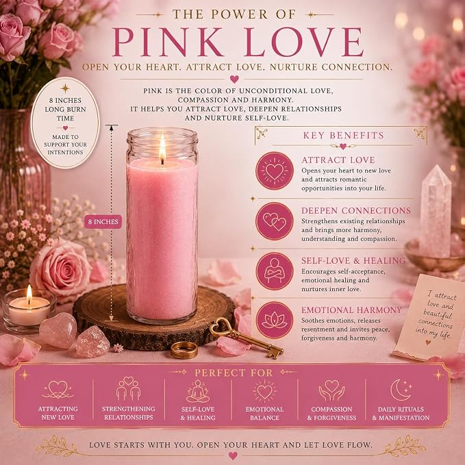 Pink Love Manifestation Candle Kit – 8" Ritual Prayer Candle with Intention Scrolls, Pencil & QR Guide, Self-Love, Harmony & Relationships
