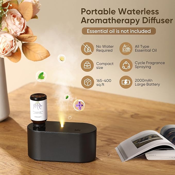 Waterless Diffuser for Home Essential Oil Diffuser, Aromatherapy Diffuser, Portable Scent Diffusers, 3 Mist Modes, Cycle Start for Bedroom, Office Studio 350-700 sq. ft Black