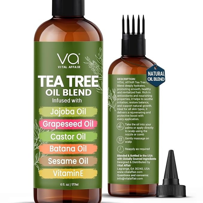 VITAL AFFAIR Tea Tree Oil For Hair With Jojoba, Castor, Batana Oil - Tea Tree Hair And Scalp Treatment - Hair Oil For Dandruff - Helps Strengthen, Volumize & Promotes Hair Growth - 6 Fl Oz