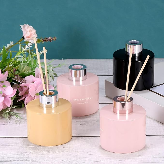HARFINGTON 2pcs Empty Glass Diffuser Bottle 140ml/4.7oz Refillable Fragrance Accessories Aromatherapy Jar Container for Replace Reed Diffuser Home Bathroom Pale Orange with Gold Tone Cap