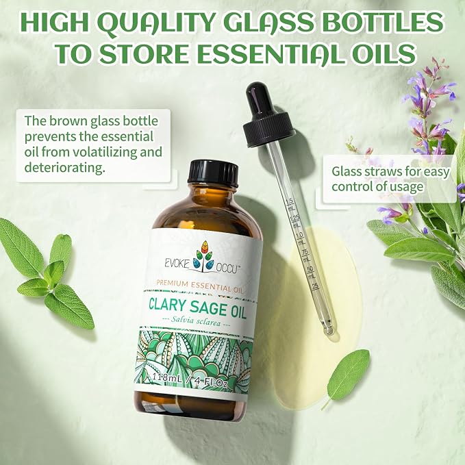 EVOKE OCCU Clary Sage Oil Essential Oil for Relaxation, Moisturize Skin, Air Freshening, Add to Spray and Diffuser - 4 FL Oz