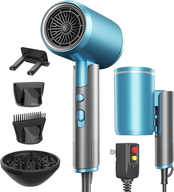 Foldable Portable Ionic Hair Dryer 1600W - Compact Mini Blow Dryer with Diffuser, Concentrator & Comb Nozzle, Intelligent Temperature Control, Low Noise for Home, Salon & Travel (Bluegrey)