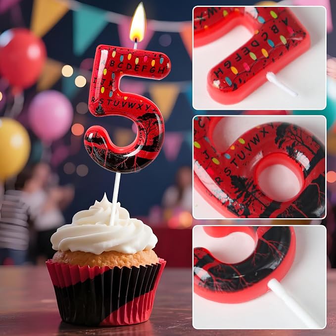 Red Number 15 Birthday Candle for Cake – Dark Horror Style with Alphabet Print & Shadow Design – Unique Cake Topper for Birthday, Anniversary, Themed Party Decoration