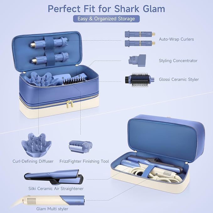 Travel Hair Dryer Case for Shark Glam, Portable Hair Tools Bag for Shark FlexFusion, Double-Layer Carrying Case for FlexStyle Blow Dryer, Silki & Glossi Attachment Holder (Periwinkle&Buttercream)
