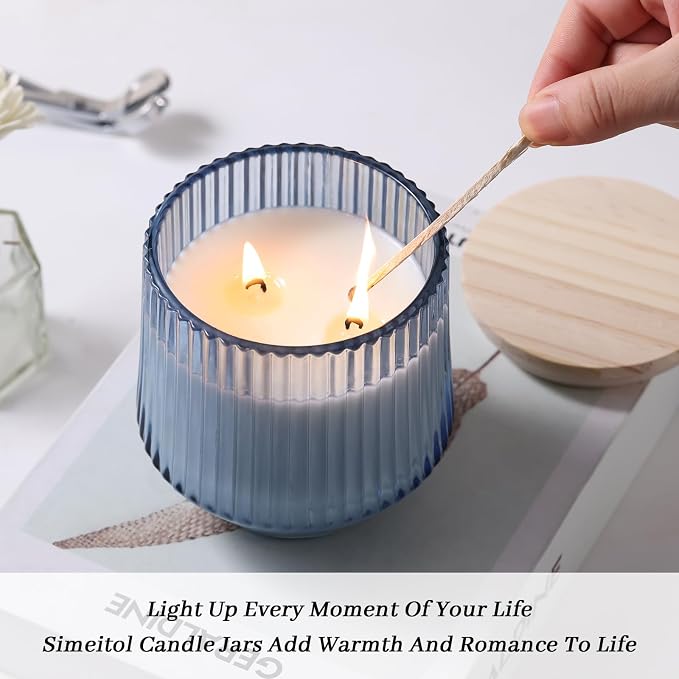 simeitol 13 OZ Blue Large Candle Jars for Making Candles - 6 Pack Glass Candle Jars Bulk with Vertical Striped, Candle Vessels Supplies with Bamboo Lids and Candle Wick Kit, for DIY & Home