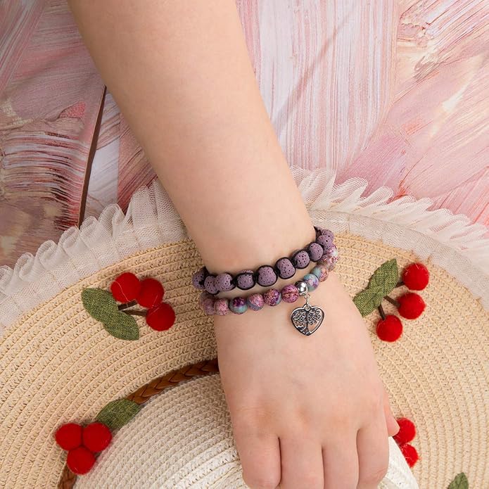 Bivei Life Tree Bracelet - Lava Stone Essential Oil Gemstone Beaded Yoga Meditation Regalite Stone Beach Charm Bracelet Set