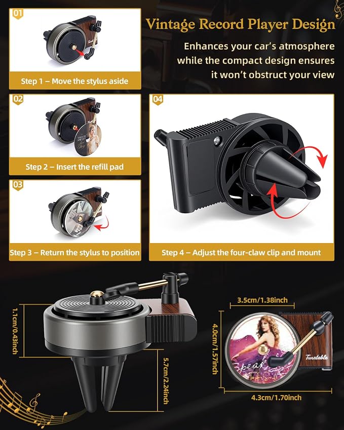 Record Player Car Air Freshener Vent Clip, 12PCS Vintage Album Style Refill Pads, Taylor Air Freshener Car Decor Accessories, Black Ice Scent Air Fresheners for Car, Music Lovers Gifts