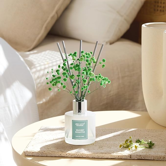 Airkeep Reed Diffuser Set,3.38 fl oz (100 ml) - Wild Mint&Eucalyptus Oil Diffusers with 8 Reed Sticks, Home Fragrance Reed Diffuser for Bathroom Shelf Decor