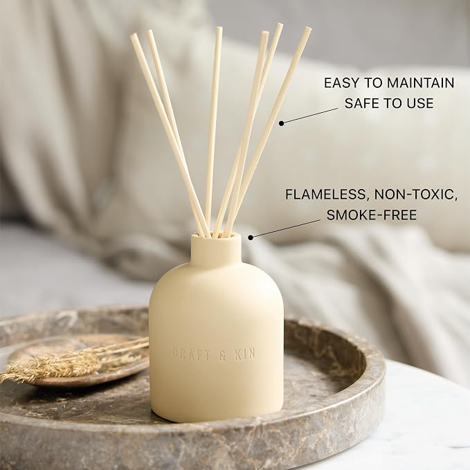 Craft & Kin Neroli & Jasmine Reed Diffuser – Earthenware Collection, 6.7 oz – Alcohol-Free Essential Oil Diffuser for Home & Bathroom – Long-Lasting Fragrance Sticks – Ceramic Room Decor