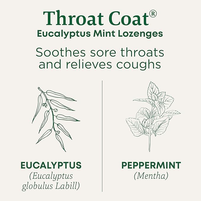 Traditional Medicinals Organic, Throat Coat Lozenges, Eucalyptus Mint with Menthol - Herbal Cough Drops, Helps Soothe Sore Throat & Relieve Cough - Non-GMO, Stimulant-Free - 16 Count