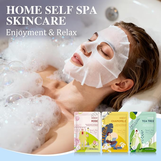 KONEUK 9 Pack Hydrating Face Masks Skincare, Bulk Sheet Face Mask for Dry Skin, Collagen Facial Masks Spa Gifts for Women Skin Care, Spa Birthday Party Supplies and Sleepover Party Supplies