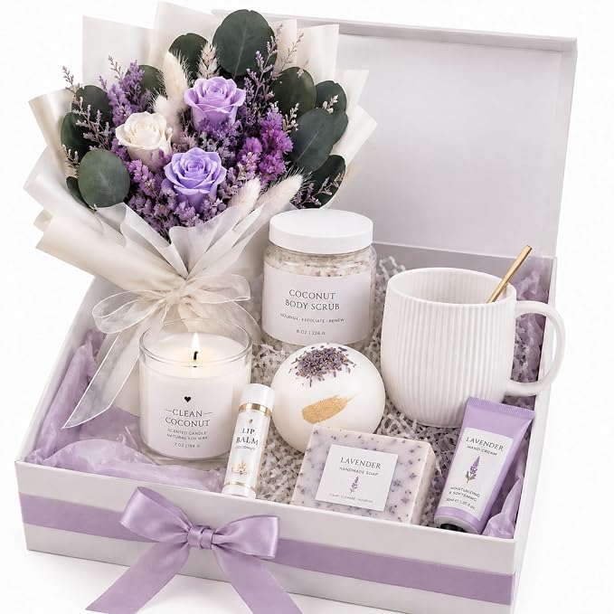 Self Care Gifts for Women: Luxury Lavender Spa Kit With Candle Mug Bath Salt Scrub Soap & More - Self Care Gift Set For Mom Friend Wife - Premium Relaxation Box for Birthday Anniversary